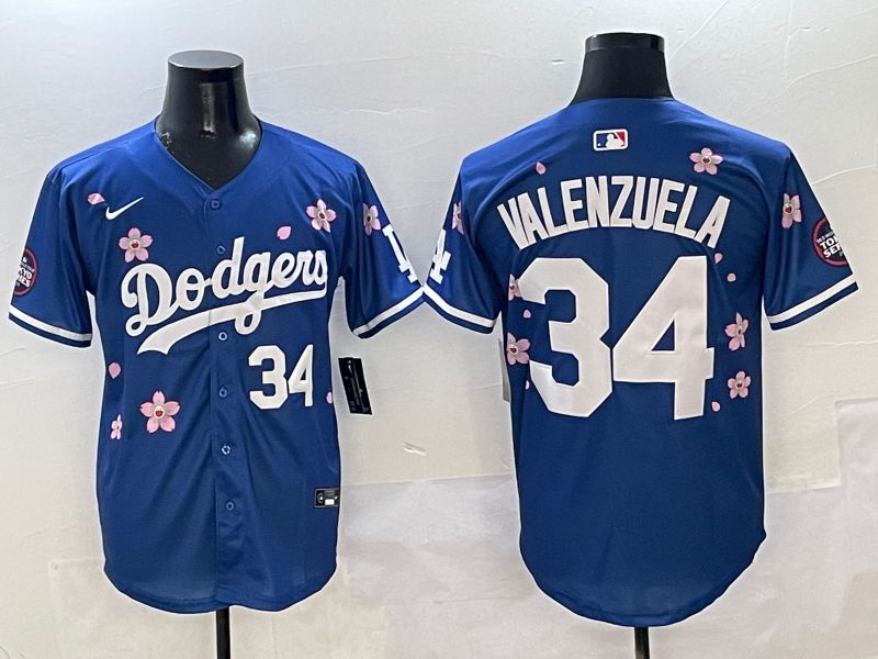 Men Los Angeles Dodgers #34 Valenzuela Blue Sakura Edition 2025 Nike MLB Jersey style 2->los angeles dodgers->MLB Jersey